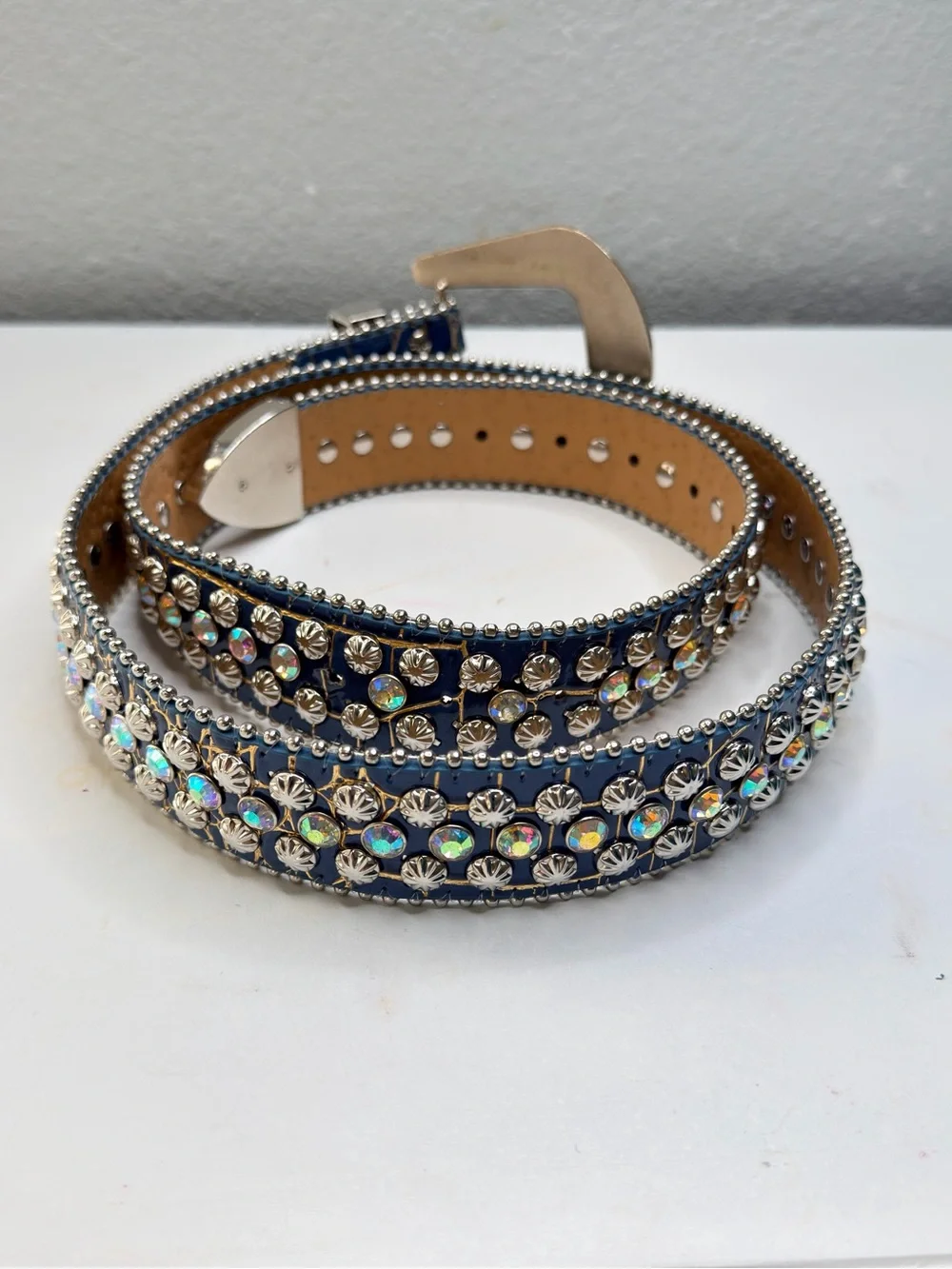 Western Blue Rhinestone Belt Crystal Diamond Studded Faux Leather Cowgirl Belt